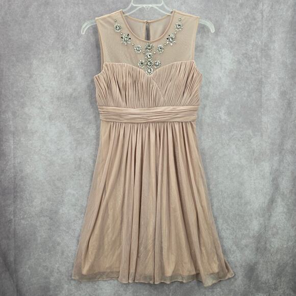 Calvin Klein Gold Flare Rhinestone Sleeveless Knee Length Mesh Dress 8 Medium - Picture 1 of 7